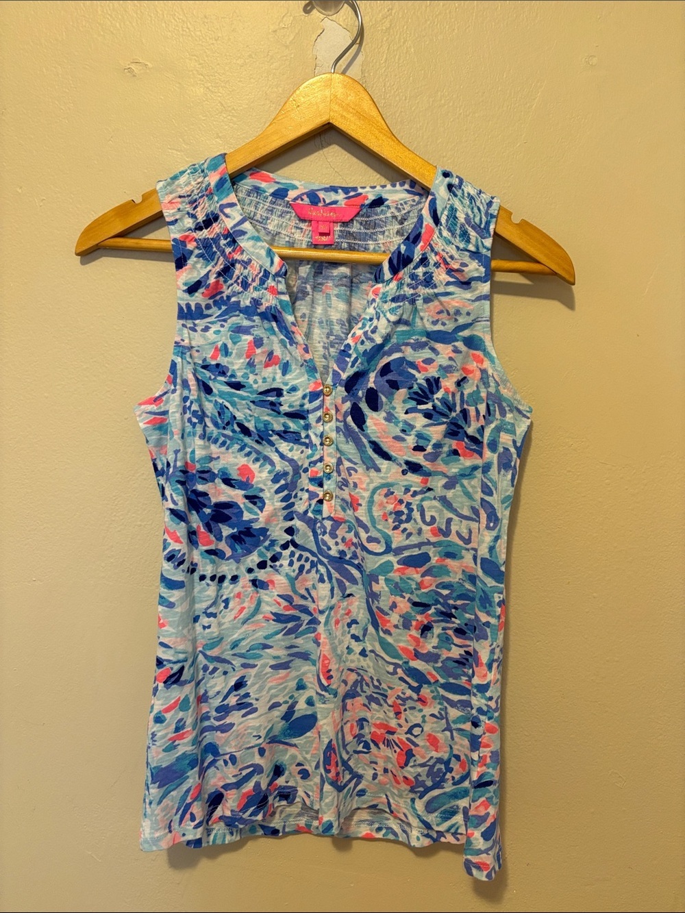 Lilly Pulitzer Blue Multi Floral Sleeveless Henley Tank